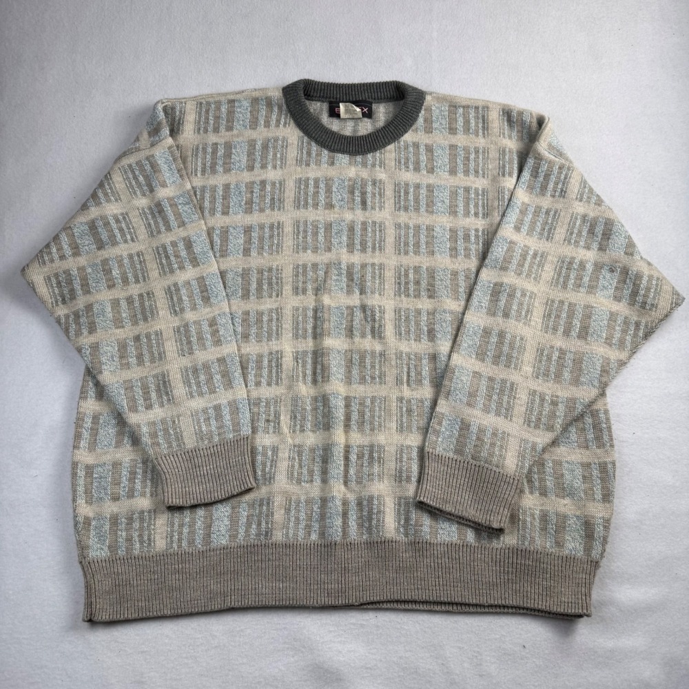 Vintage Essex Geometric Grid Knit Sweater Mens‎ 2X Grey Tan Blue Crewneck 90s